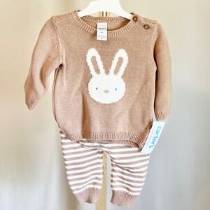 Carters Just One You Baby 6M Bunny Knit Sweater and Striped Pants Set Tan White